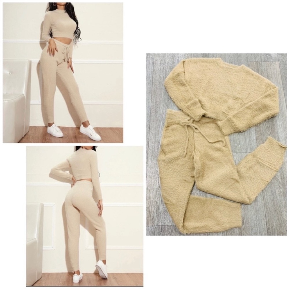 Soft fluffy set runs big thick fuzzy sweatpants sweatshirt top tan S M
